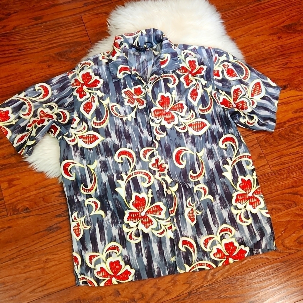 Y2K Vintage Anchor Blue Button Front Mens Collared Hawaiin Shirt